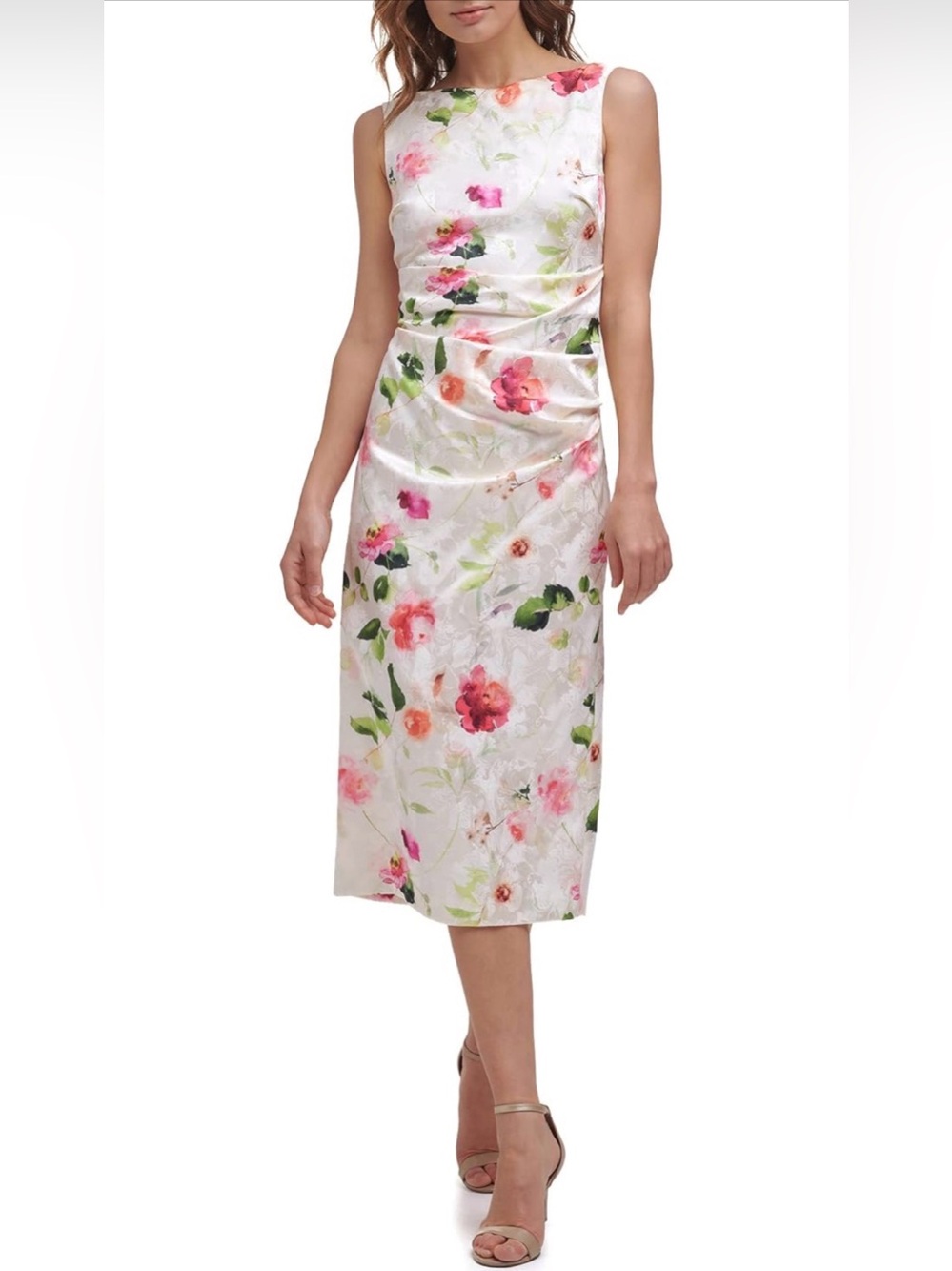 Eliza J White Floral Sheath Dress with Pink & Green Accents